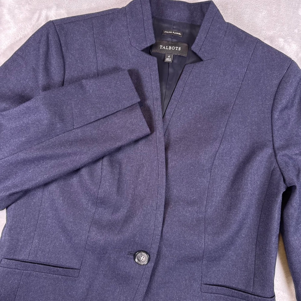 Talbots Collarless Italian Flannel Wool Single Button Blazer Womens 4 Navy Blue